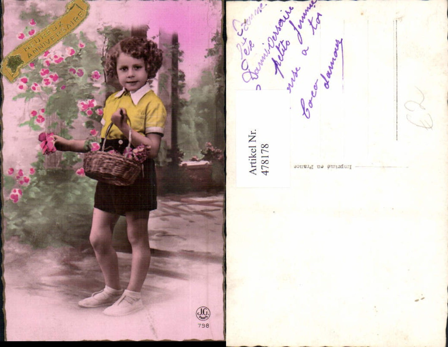 478178,Foto Ak Kind Mädchen Korb m. Blumen Rosen