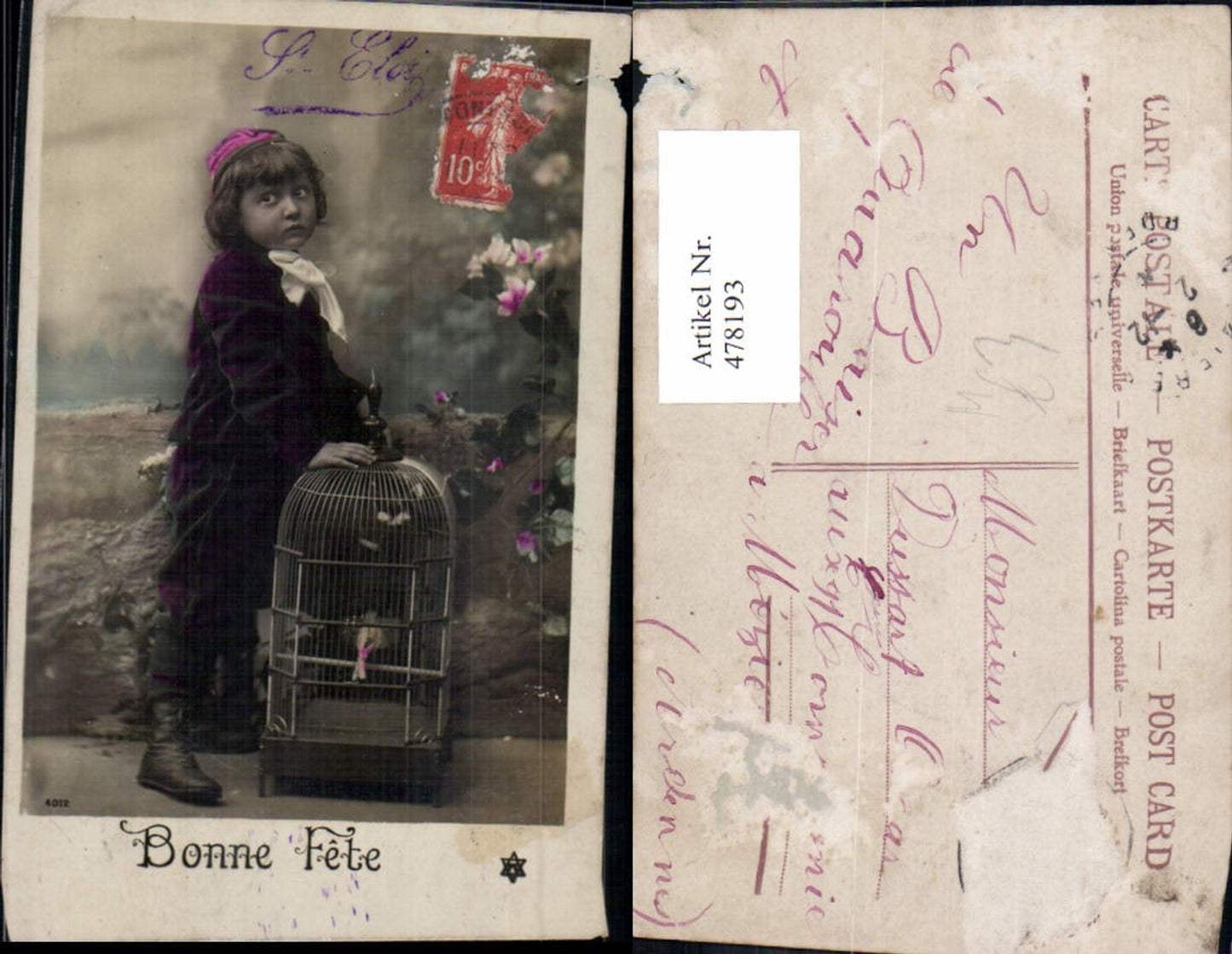 478193,Kind Bub Junge m. Käfig Vogelkäfig Bonne Fete