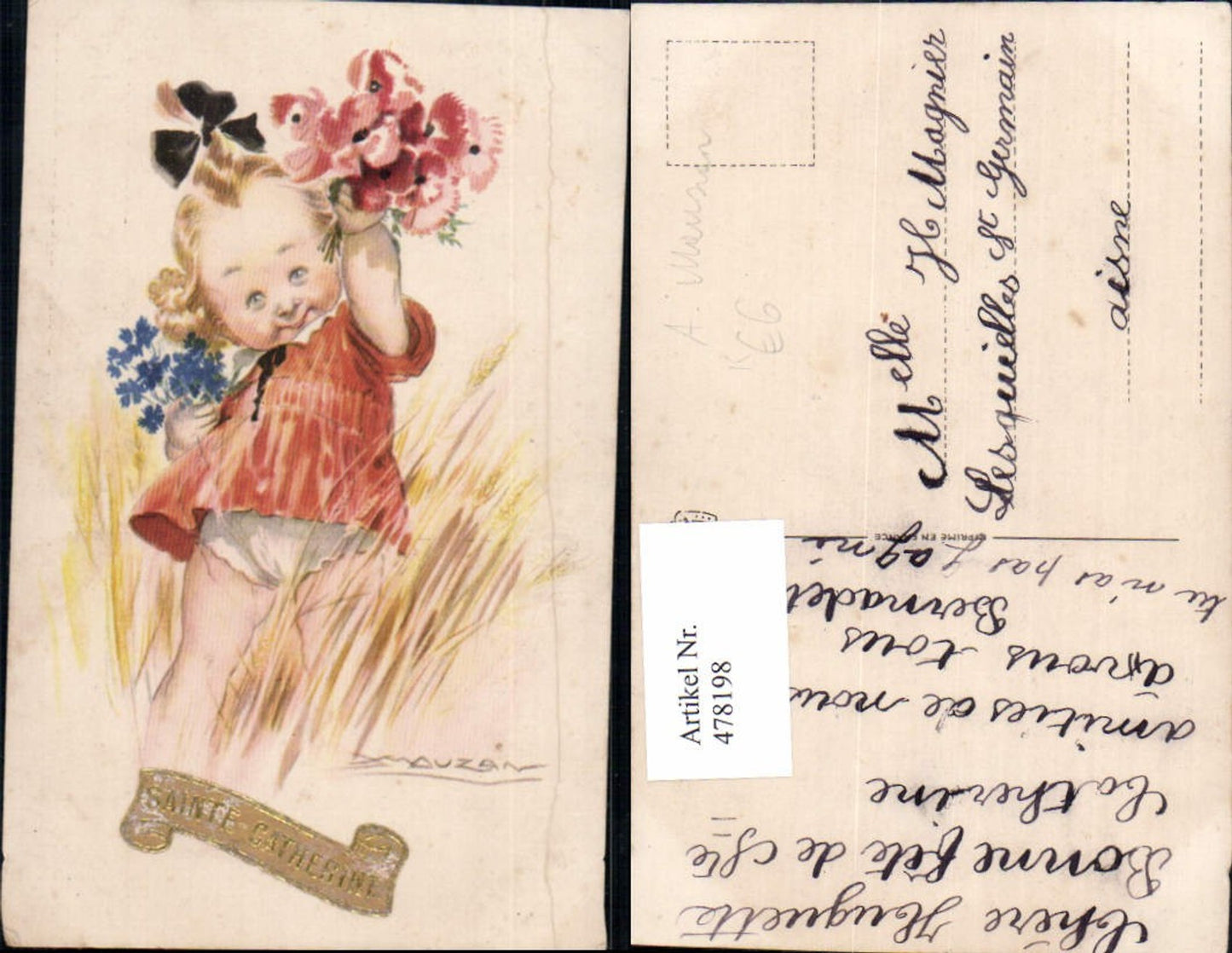 478198,Künstler Ak A. Mauzan Kind Mädchen Haarschleife Mohnblume Kornblume Blumen