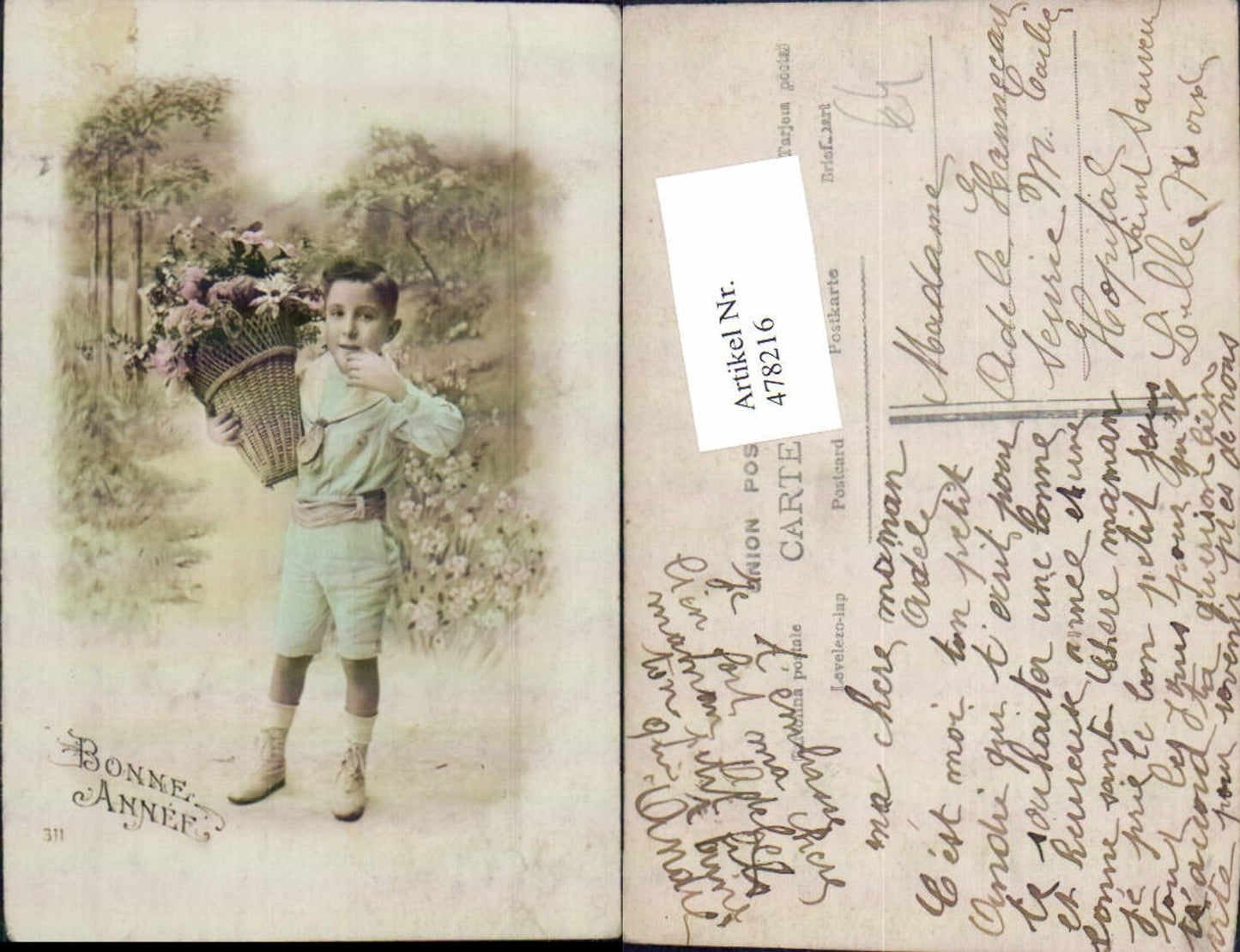 478216,Kind Bub Junge Uniform Korb m. Blumen Bonne Annee