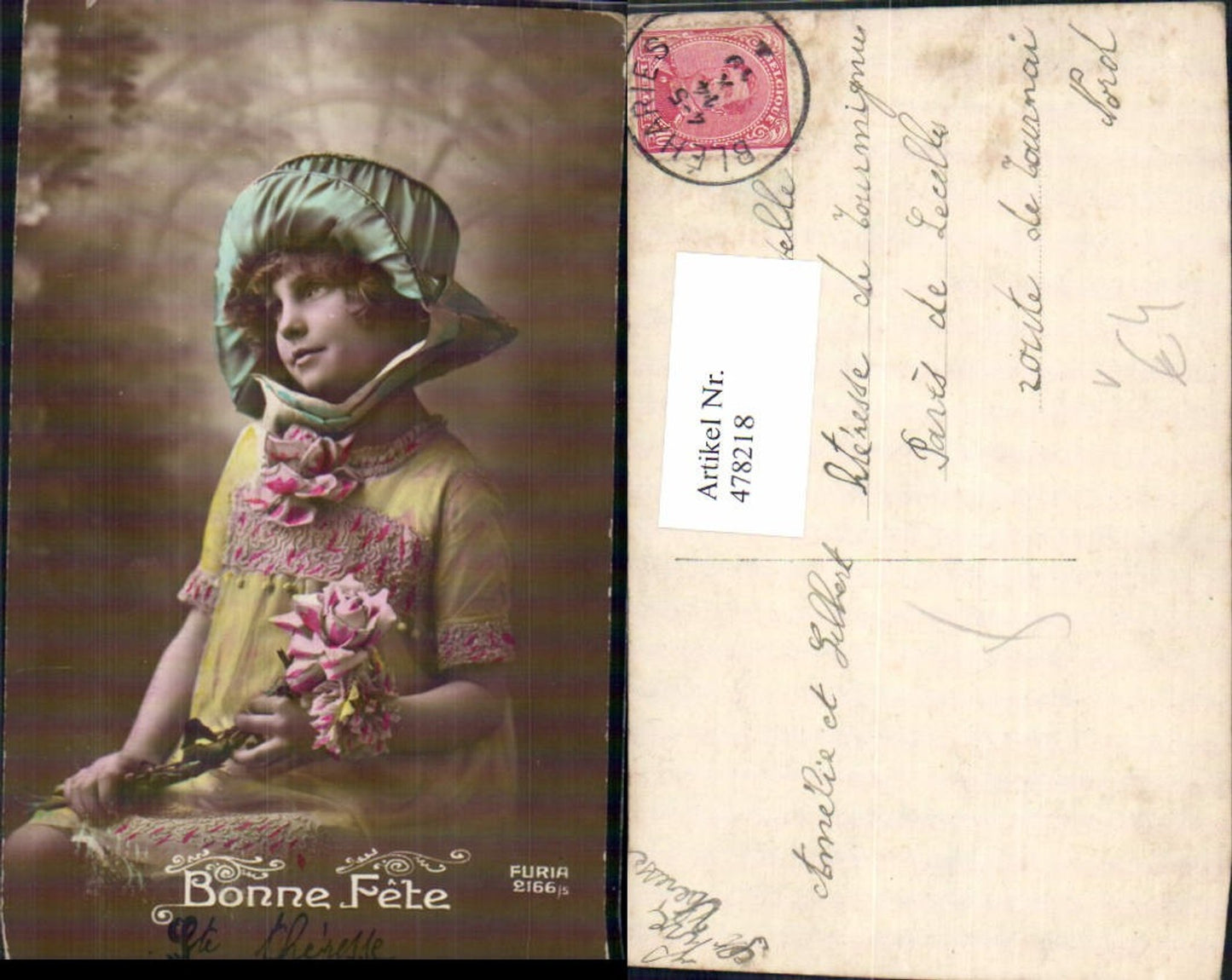 478218,Foto Ak Kind Mädchen m. Haube Hut Rosen Blumen pub Furia 2166/5