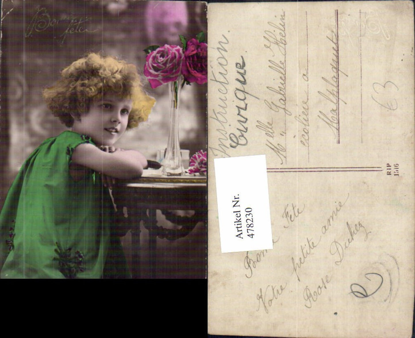 478230,Kind Mädchen Lockenkopf a. Tisch sitzend Rosen Bonne fete