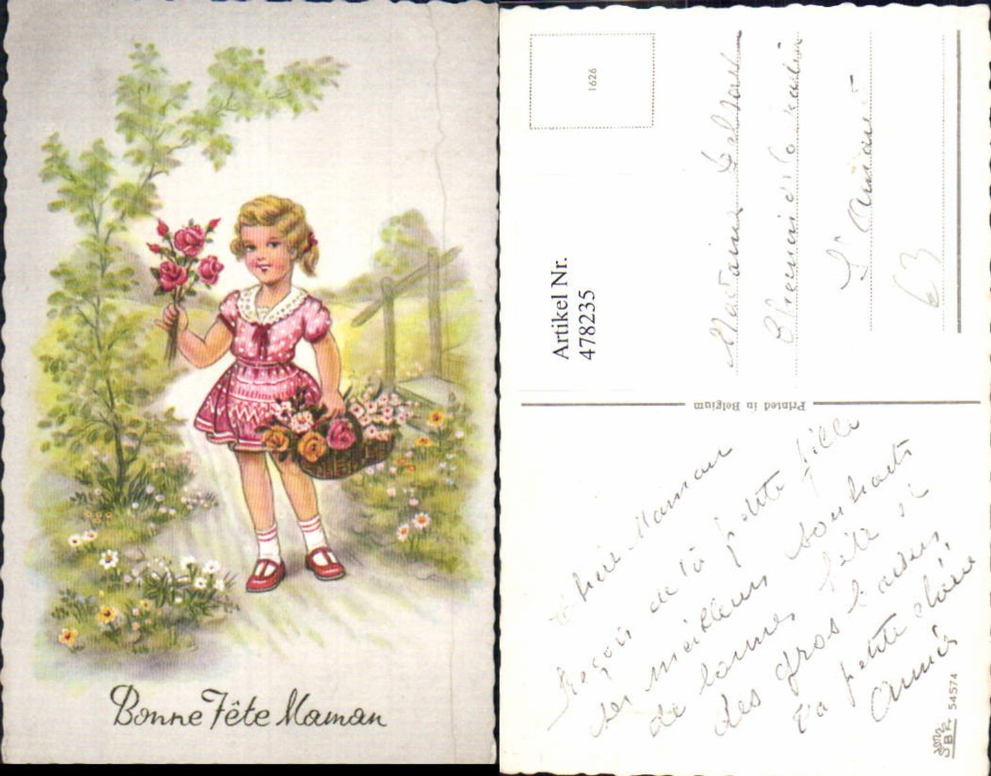 478235,Künstler Ak Kind Mädchen Korb m. Blumen Bonne Fete Maman