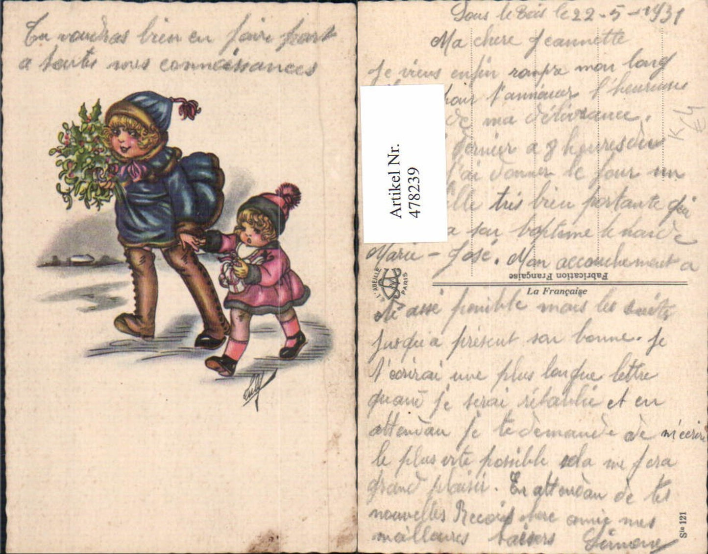 478239,Künstler Ak Kinder m. Geschenk Strauß Stechpalmen Winter