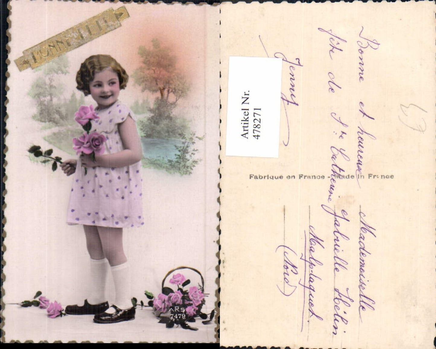 478271,Foto Ak Kind Mädchen Lockenkopf Rosen Blumen Bonne Fete
