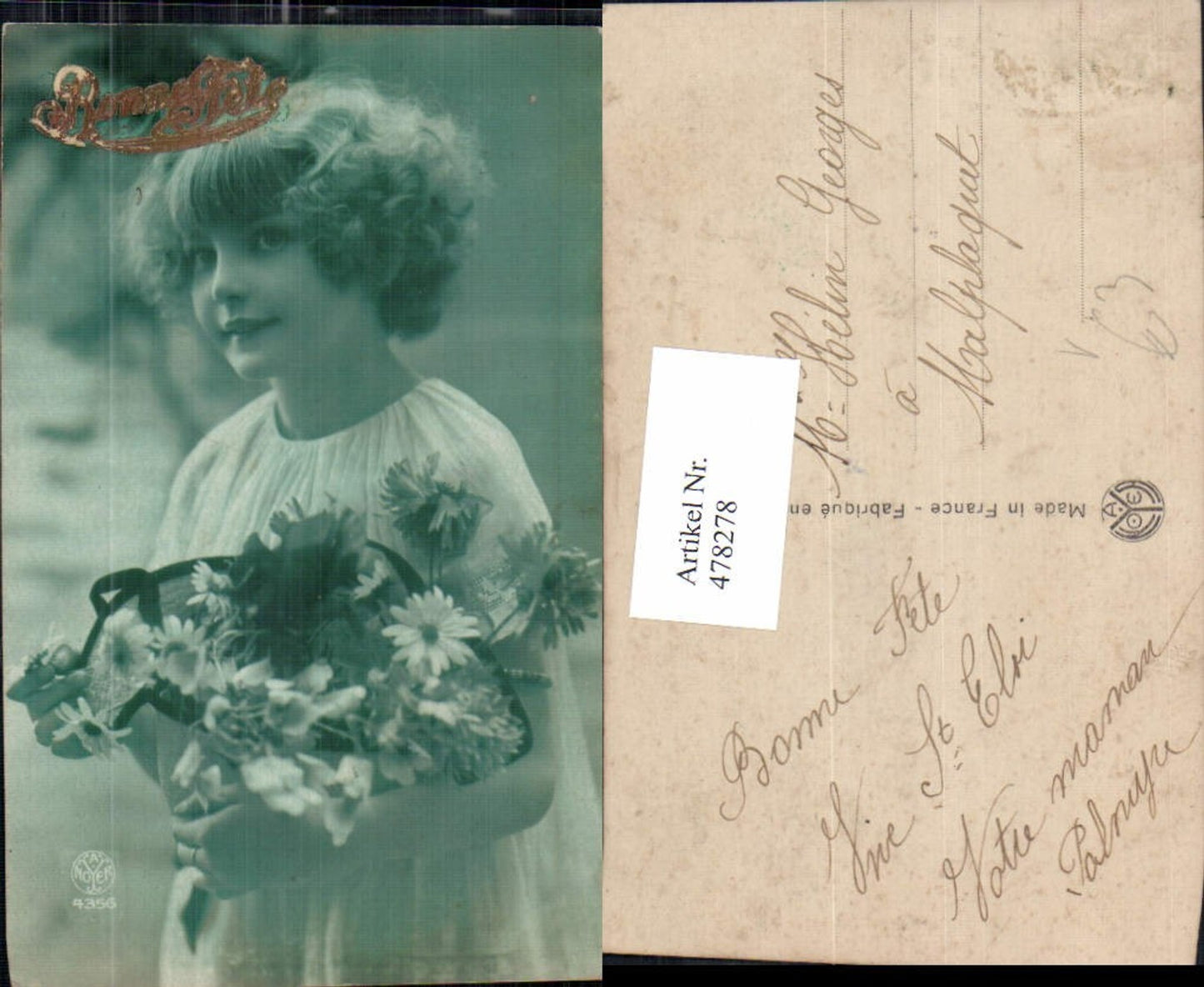 478278,Kind Mädchen Lockenkopf m. Korb Blumen Margeriten Bonne Fete pub A. Noyer 4356