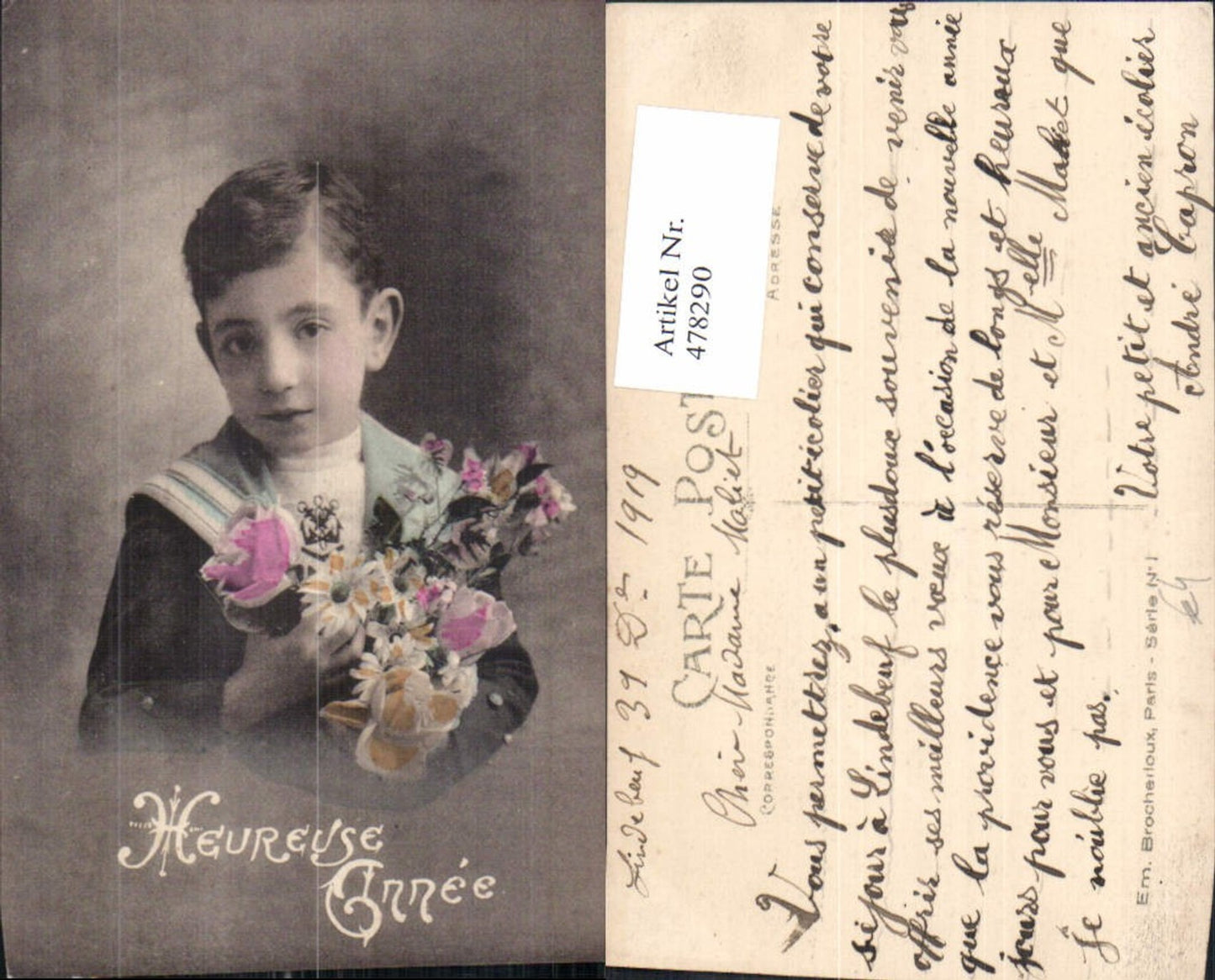 478290,Kind Bub Junge Uniform Matrosenanzug Blumenstrauß Portrait