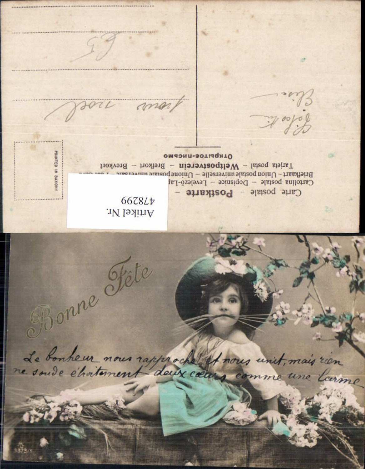 478299,Kind Mädchen m. Hut Blumen Getreideähren Bonne Fete