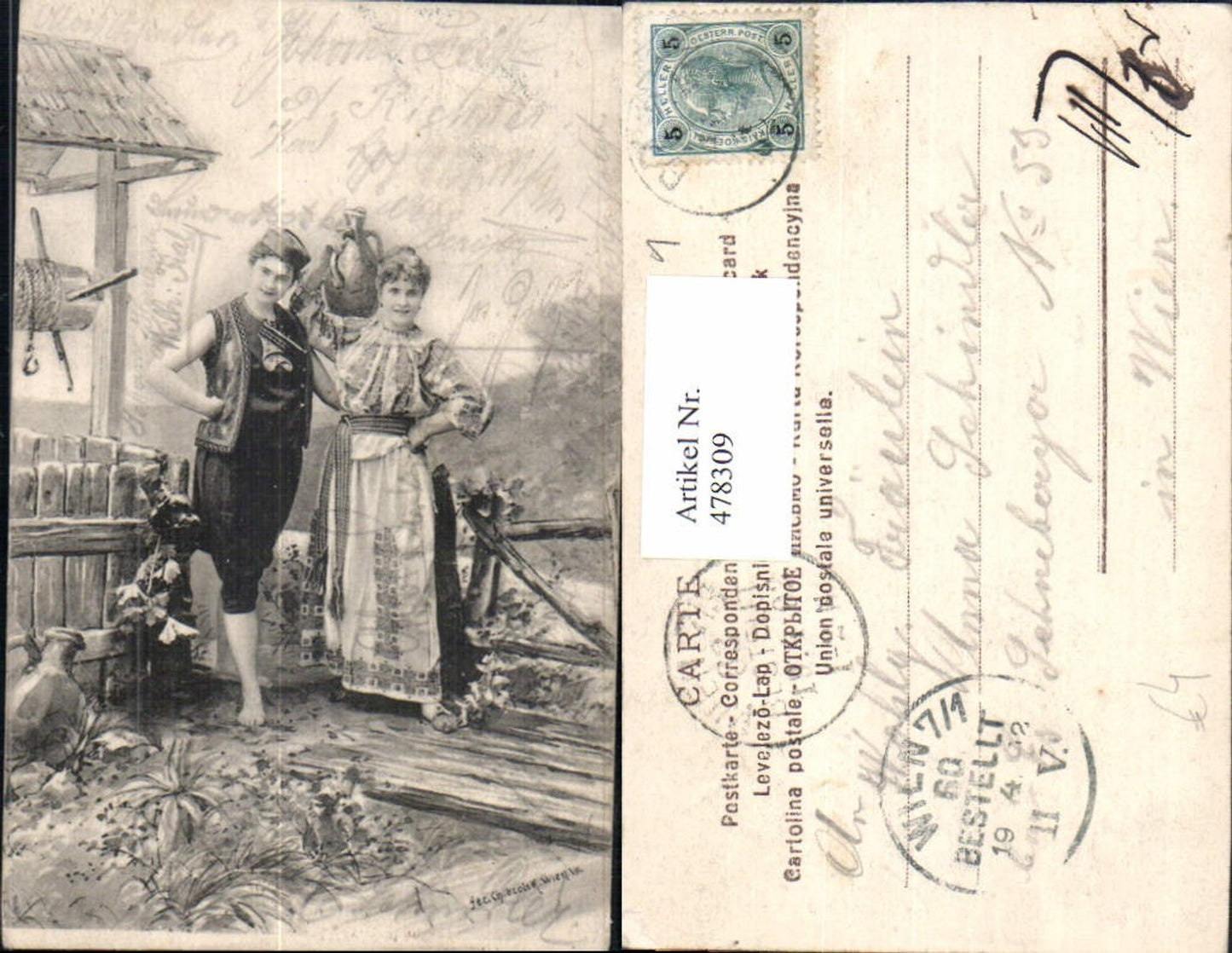 478309,Künstler Ak Paar i. Tracht Wasserkrug Liebe Brunnen