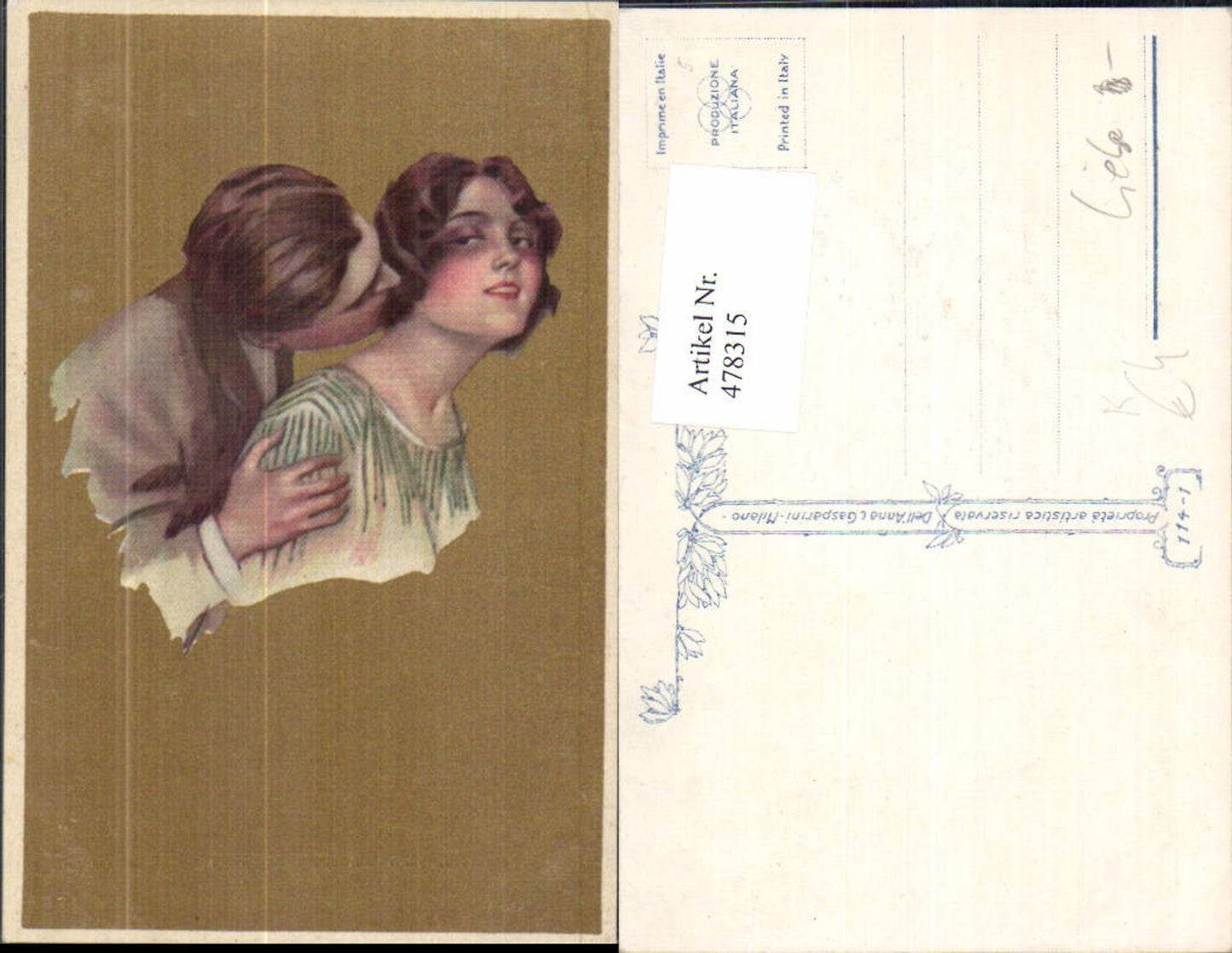478315,Künstler Ak Paar Liebe Kuss in Nacken Portrait