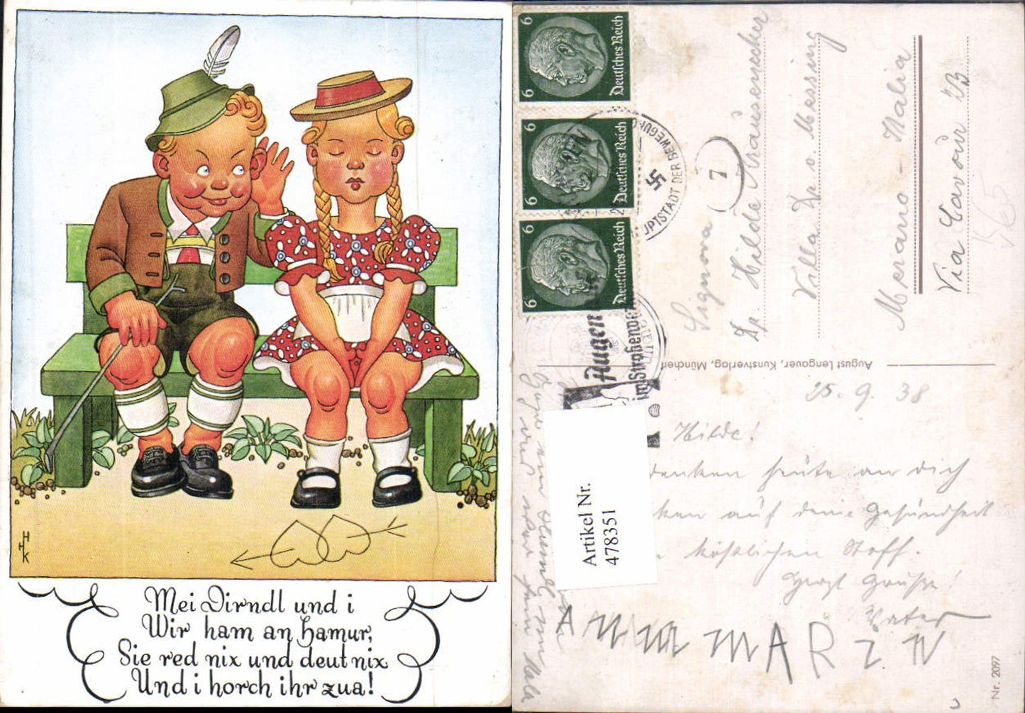 478351, Artist Ak Couple sitting on bench Love Mei Dirndl and i pub August Lengauer 2097