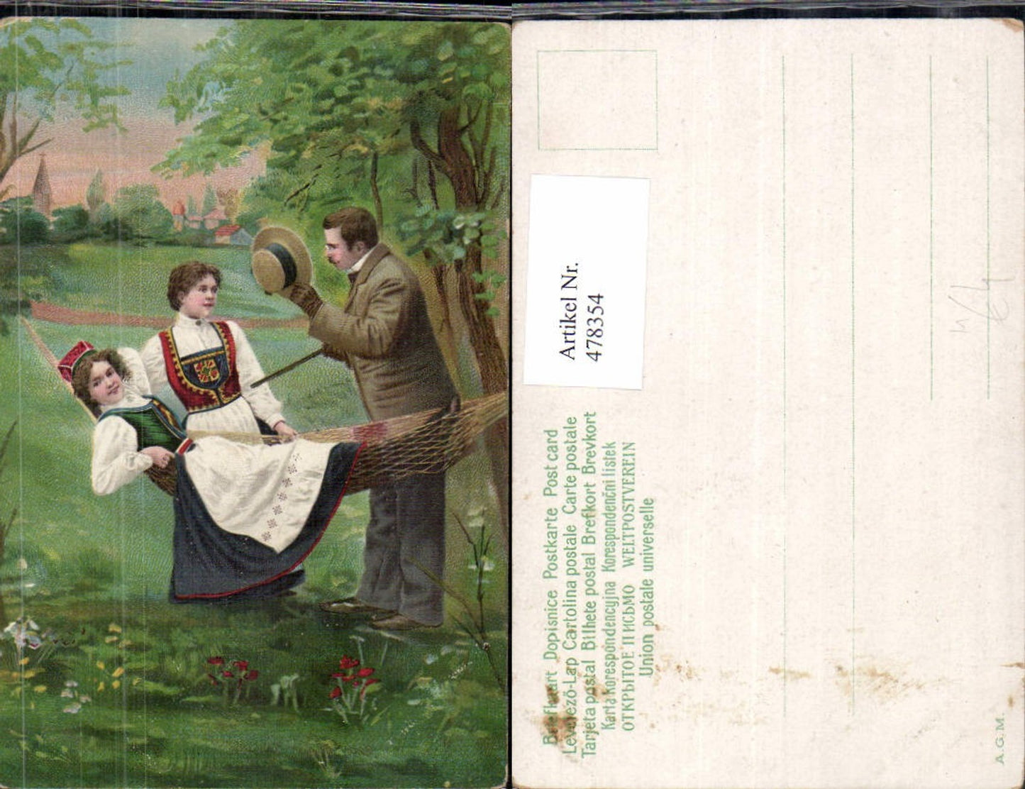 478354,Künstler Ak Paar Kavalier Frauen Hängematte Liebe
