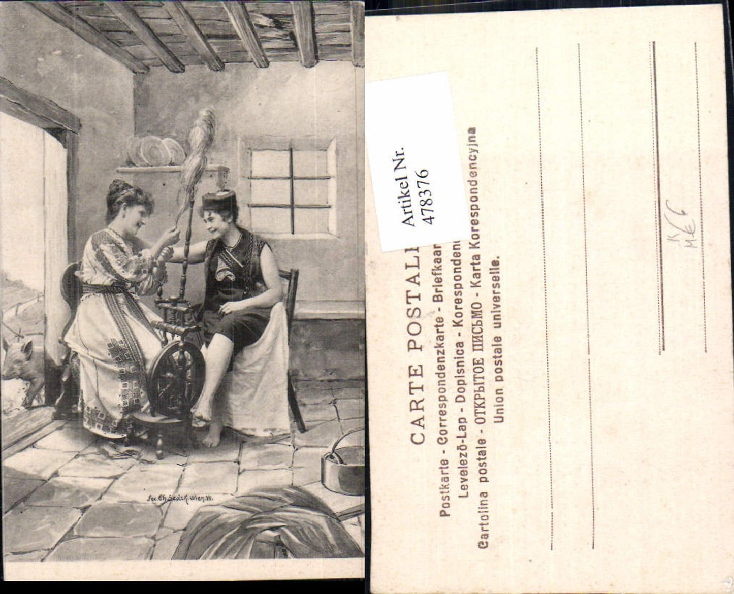 478376,Künstler Ak Fec. Ch. Scolik Paar Verliebter Blick b. Spinnrad Liebe