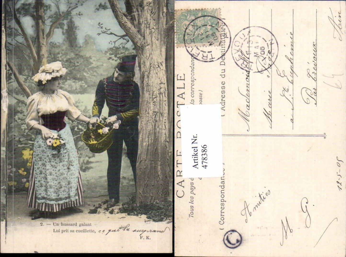 478386,Paar Soldat Liebe Korb m. Blumen Un hussard galant Lui prit sa cueillette