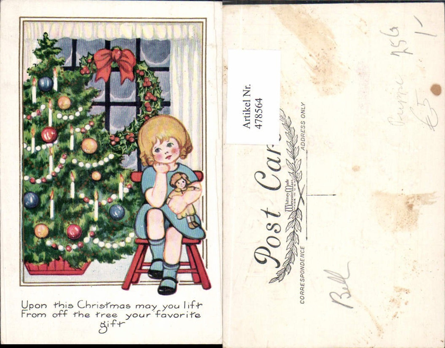 478564,Präge Künstler Ak Kind Mädchen m. Puppe Christbaum Weihnachten