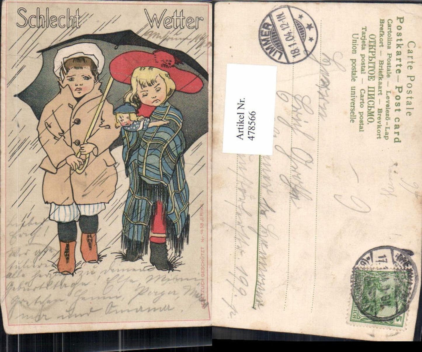478566,Künstler Ak Kinder unter Schirm m.  Puppe Regen Schlechtwetter Humor