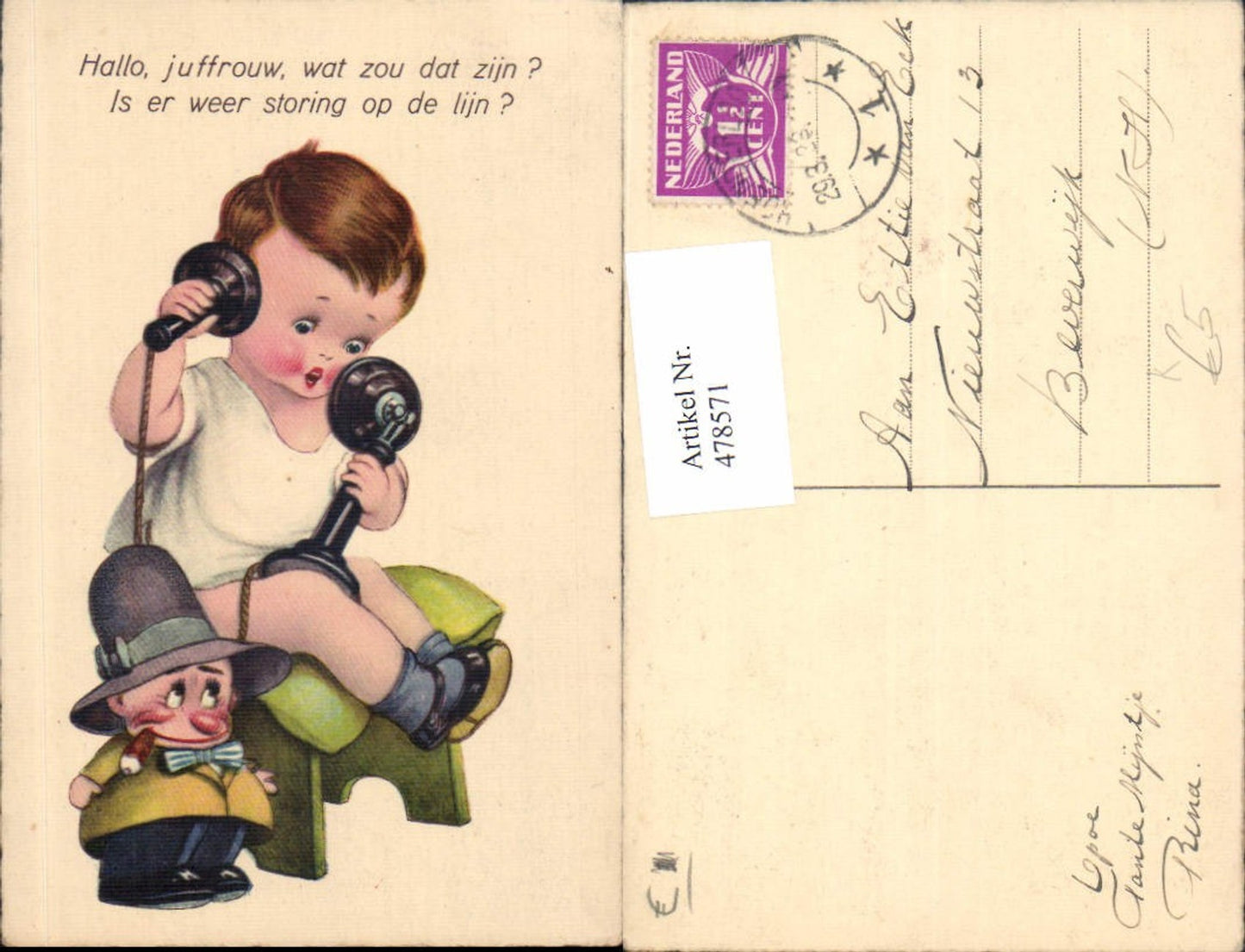 478571,Künstler Ak Kind Bub Junge m. Rauchender Puppe Telefonhörer Spruch