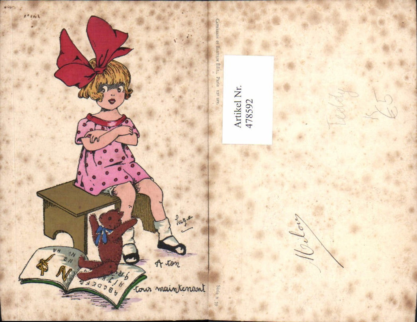 478592,Künstler Ak Mädchen Haarschleife m. Teddy Buch Spielzeug