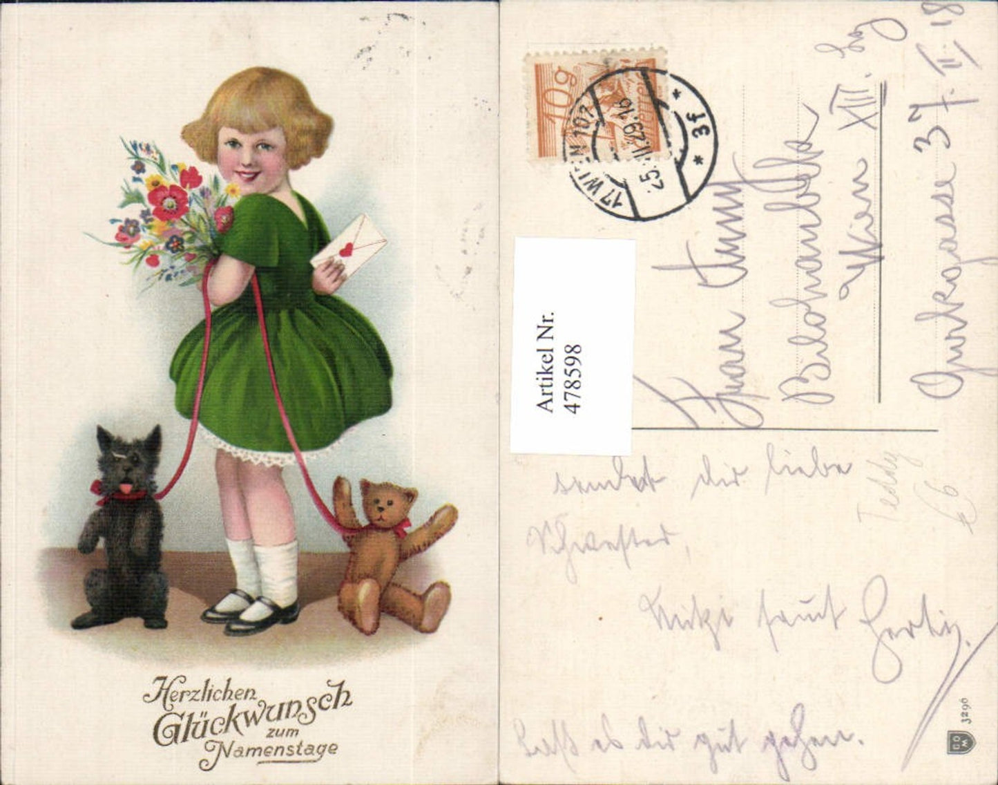 478598,Künstler Ak Mädchen mit Briefkuvert Blumen Hund Teddy Spielzeug