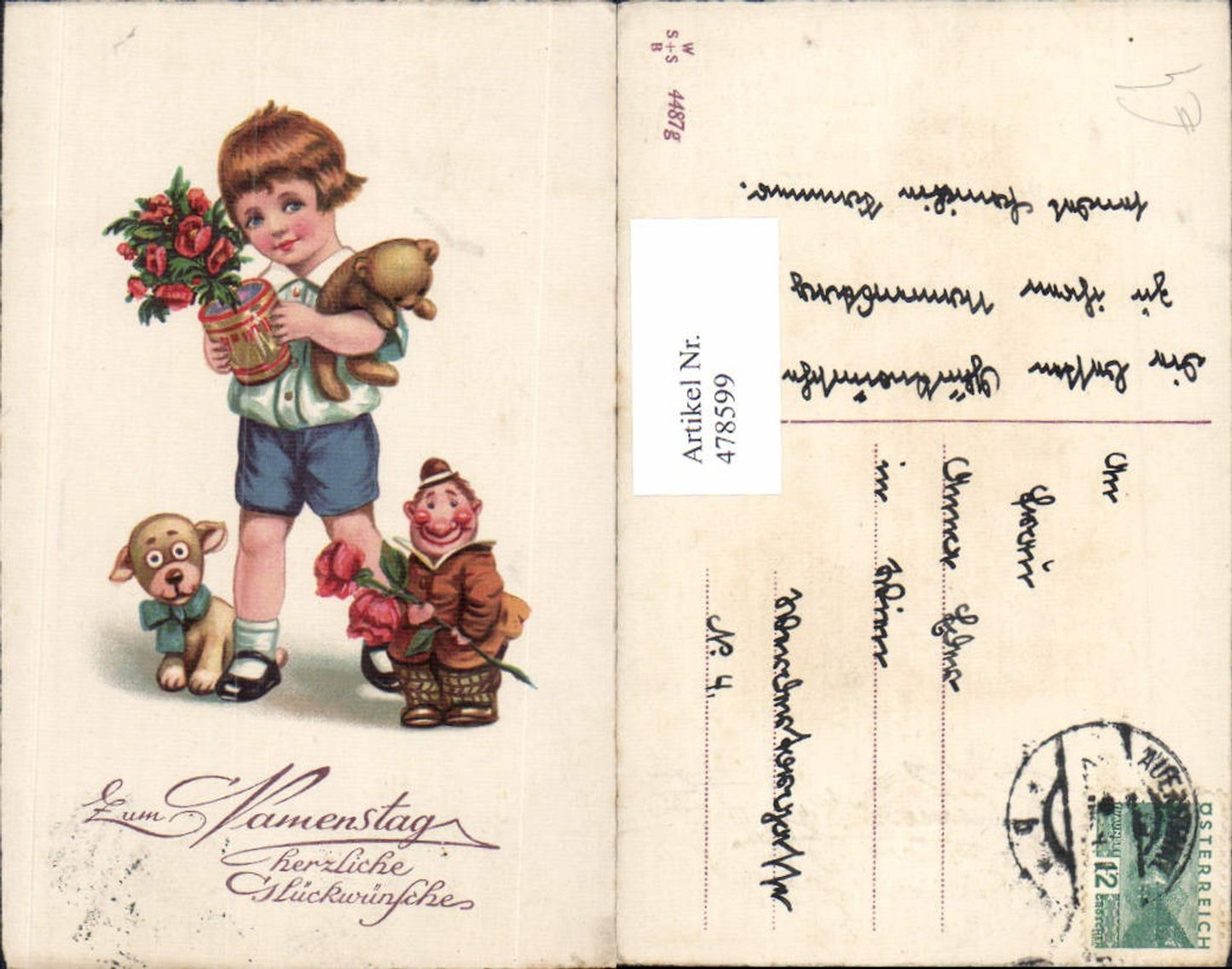 478599,Künstler Ak Bub Junge m. Teddy Puppe Hund Spielzeug Blumen Namenstag