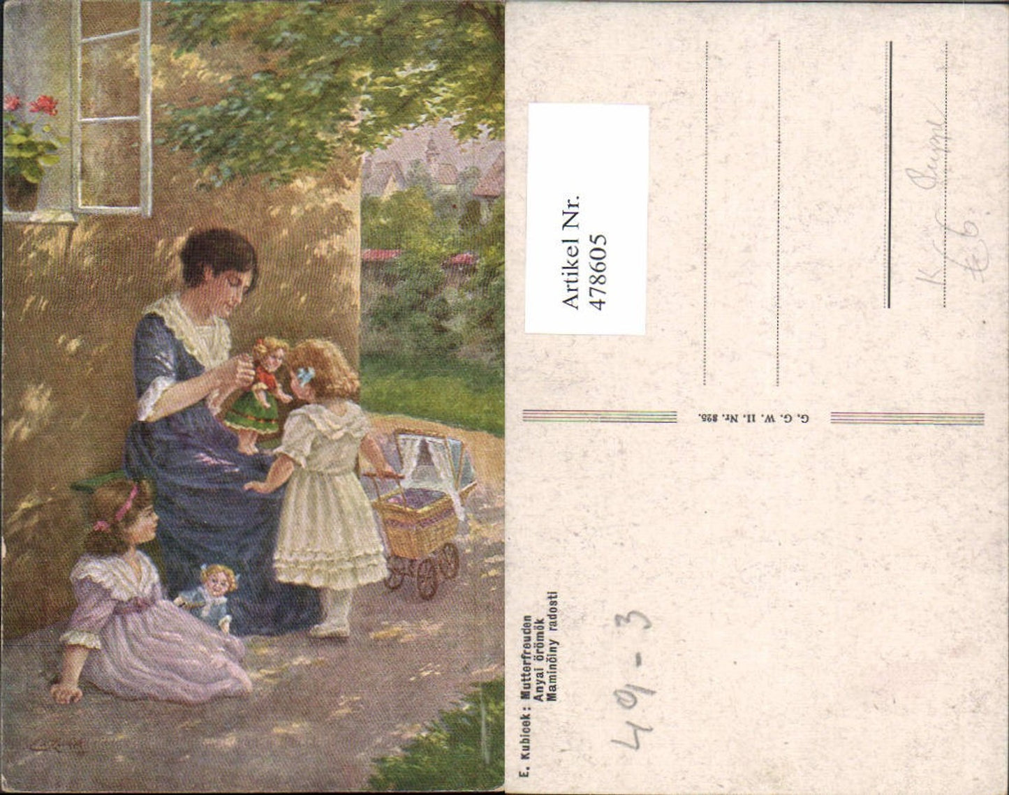 478605,Künstler Ak E. Kubicek Mutterfreuden Frau Mädchen Puppen Puppenwagen