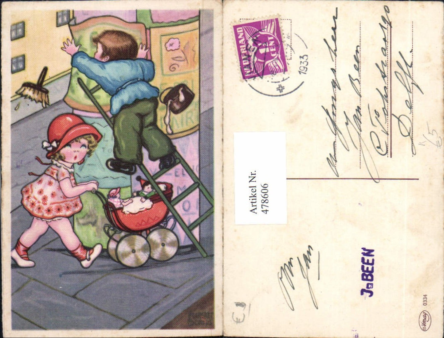 478606,Künstler Ak Kinder Puppenwagen Leiter fällt Humor