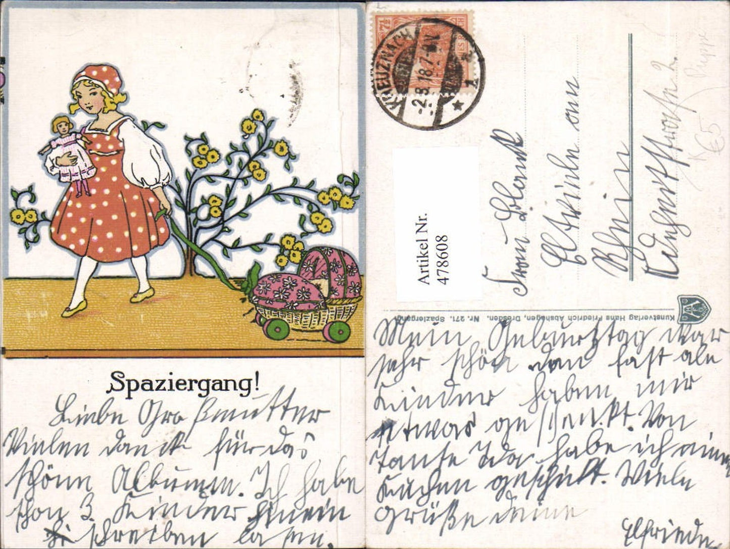 478608,Künstler Ak Mädchen m. Puppe Puppenwagen Spaziergang