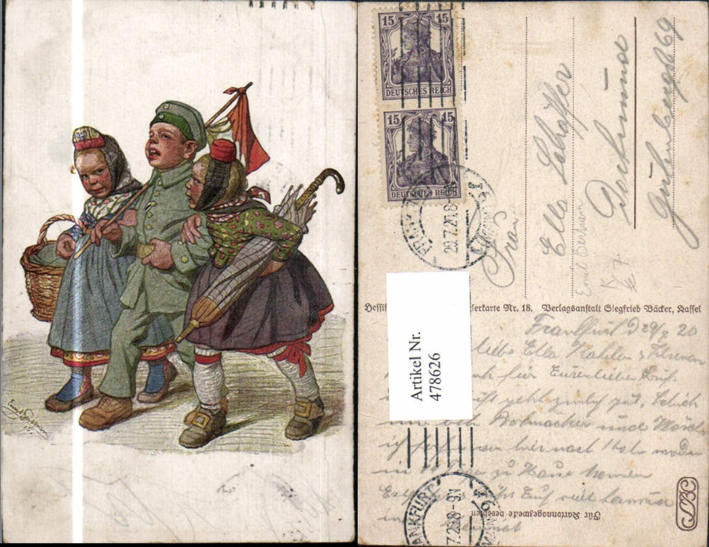 478626, Artist Ak Emil Bertram Children in Uniform Girls Traditional Costume Umbrella Basket