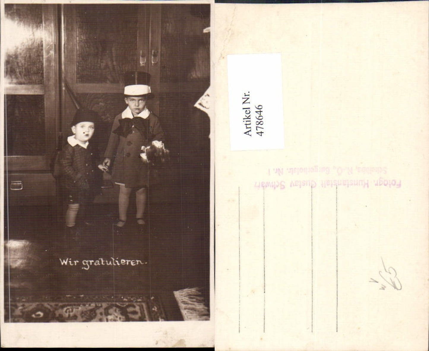 478646,Foto Ak Kinder Buben Schule Schultasche Hut Kostüm pub Gustav Schwarz Scheibbs
