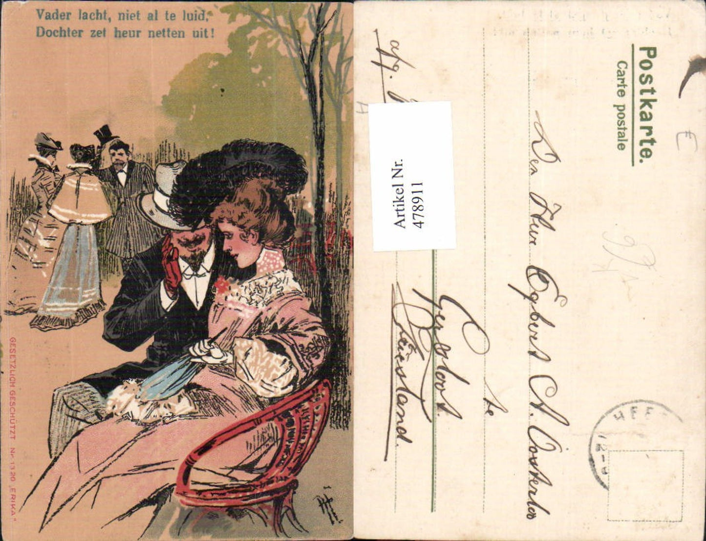 478911, Artist Ak Woman Fashion Hat Umbrella in Hand Man Park pub Erika 1320