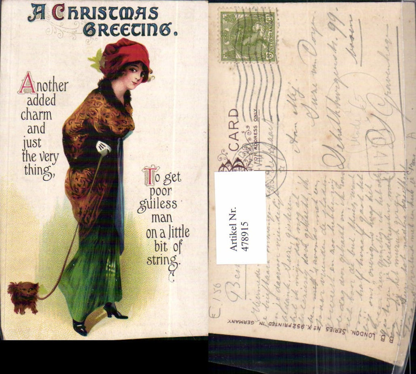478915,Künstler Litho Frau Mode Hut Haube Hund a. d. Leine A Christmas Greeting