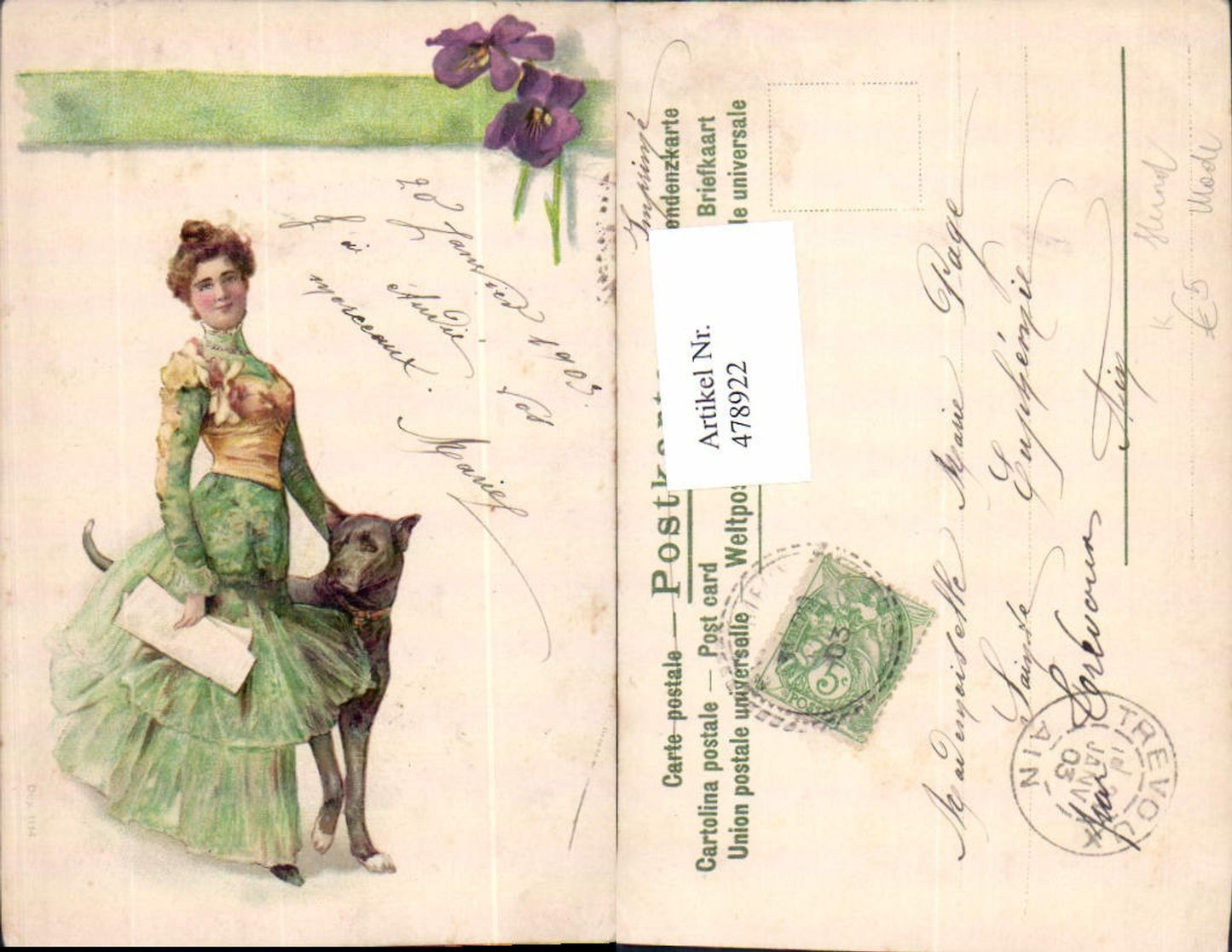 478922,Künstler Ak Frau Mode Kleid m. Blumen a. Arm Hund