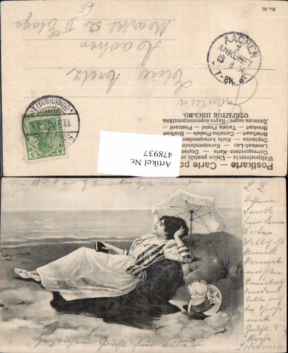 478937,Künstler Ak Frau mit Schirm Hut a. Meer Strand Lesen