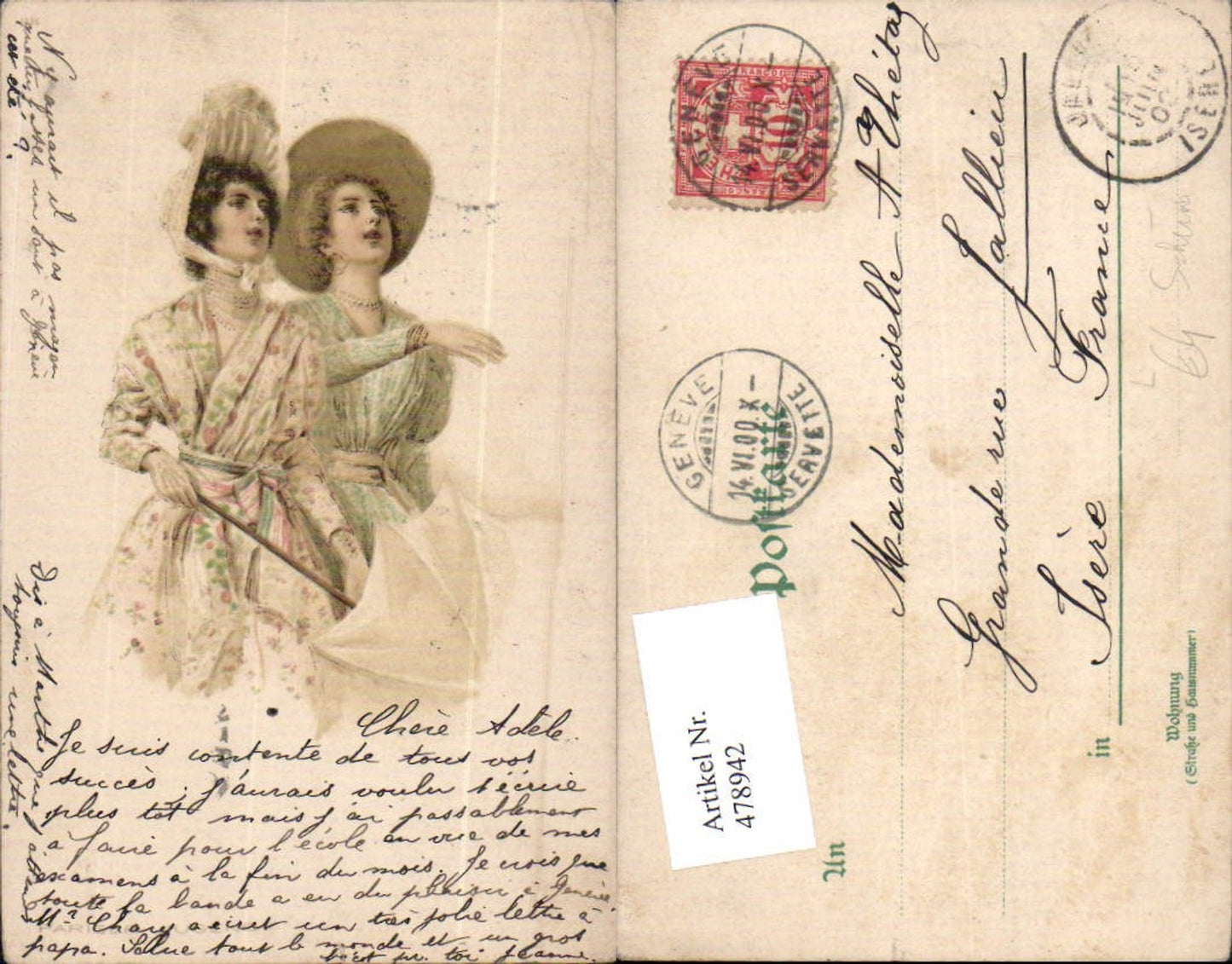 478942,Litho Frauen mit Schirm Hut Hutmode