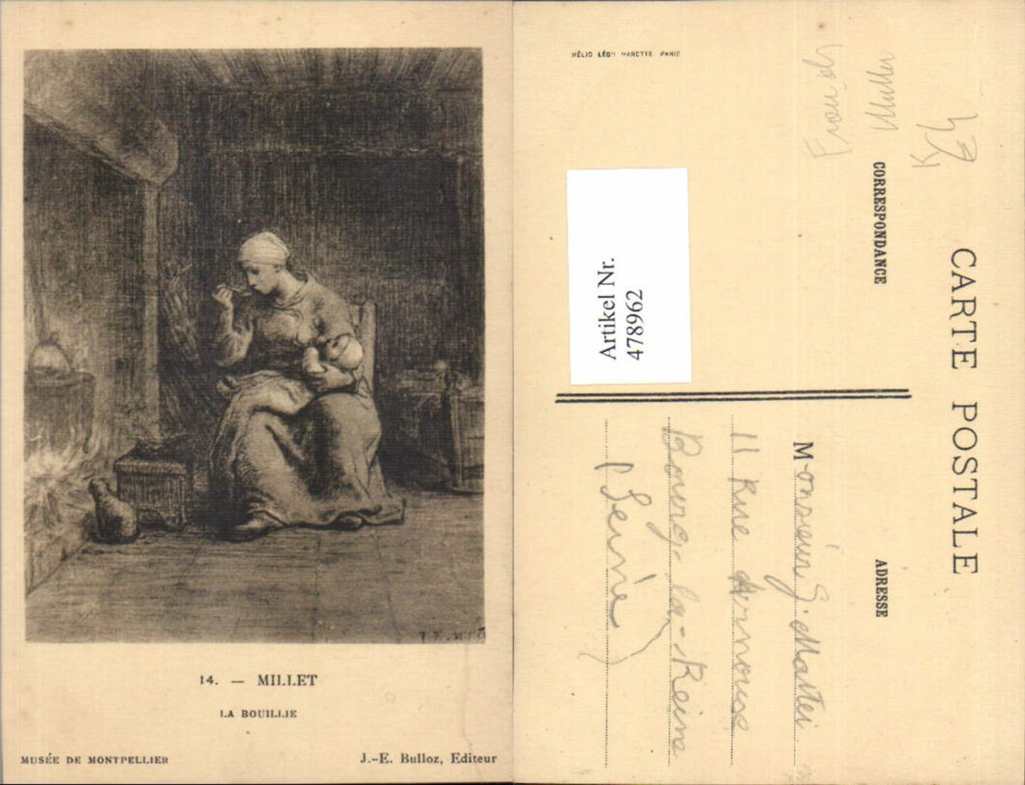 478962, Artist Ak Millet La Bouillie Woman as Mother Eating Feeding Toddler