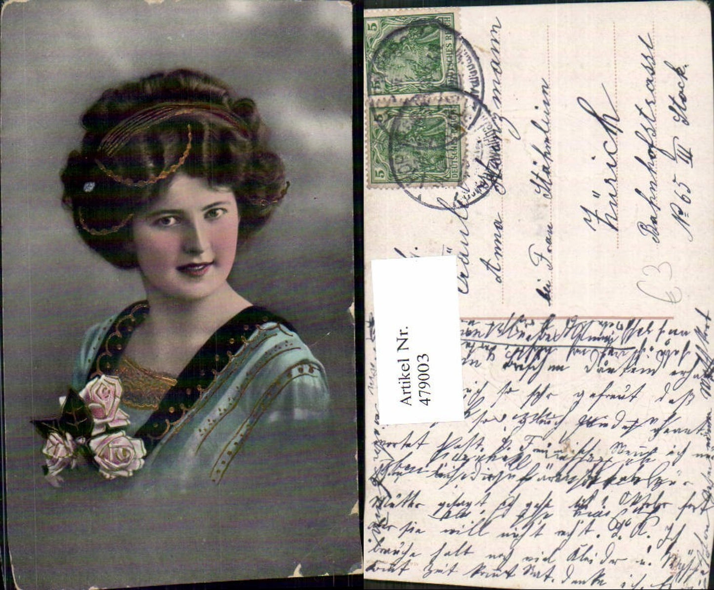 479003,Frau Lockenkopf Haarband Rosen Goldverzierung