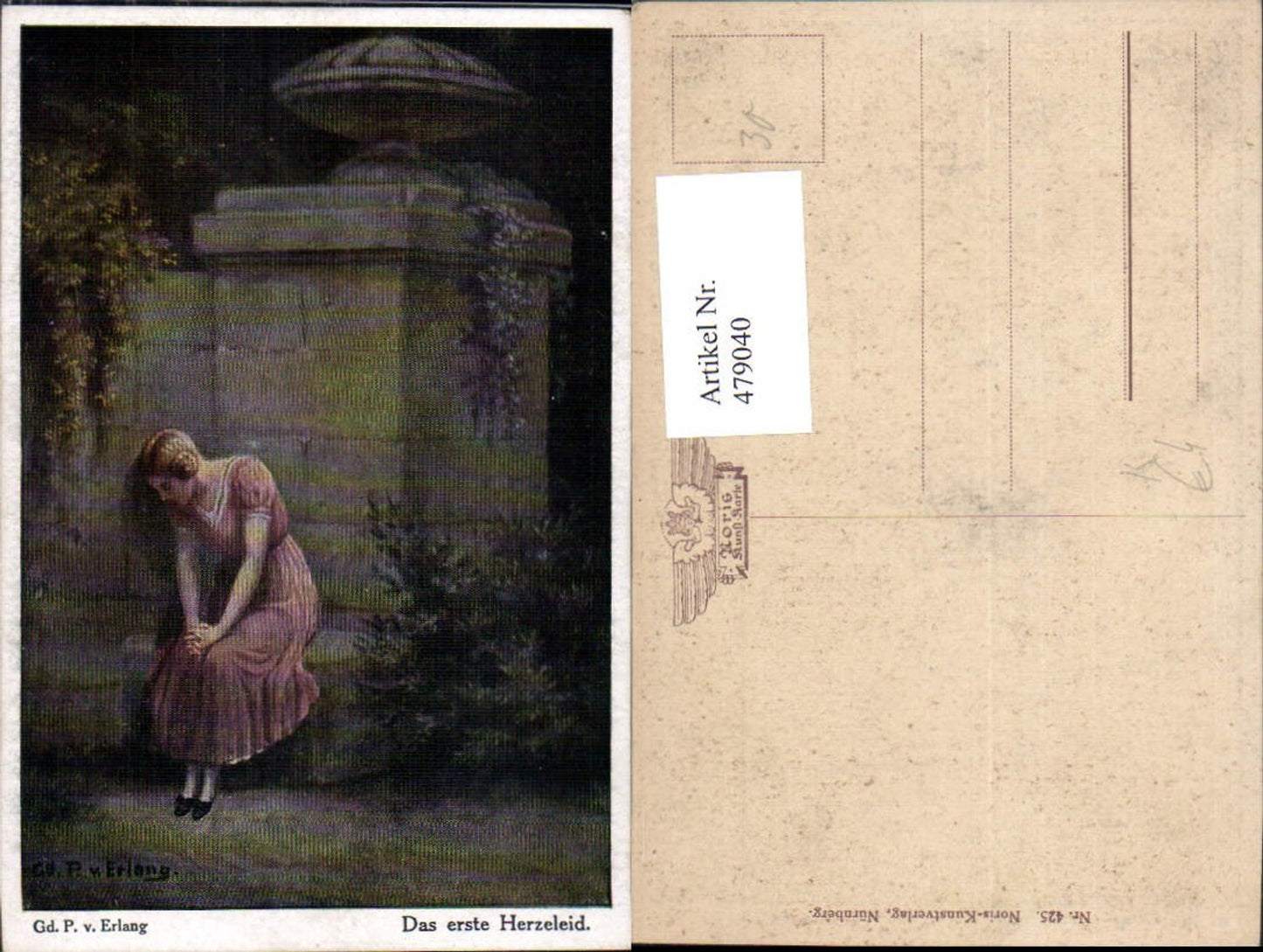 479040,Künstler Ak Gd. P. v. Erlang Das erste Herzeleid Frau b. Mauer sitzend