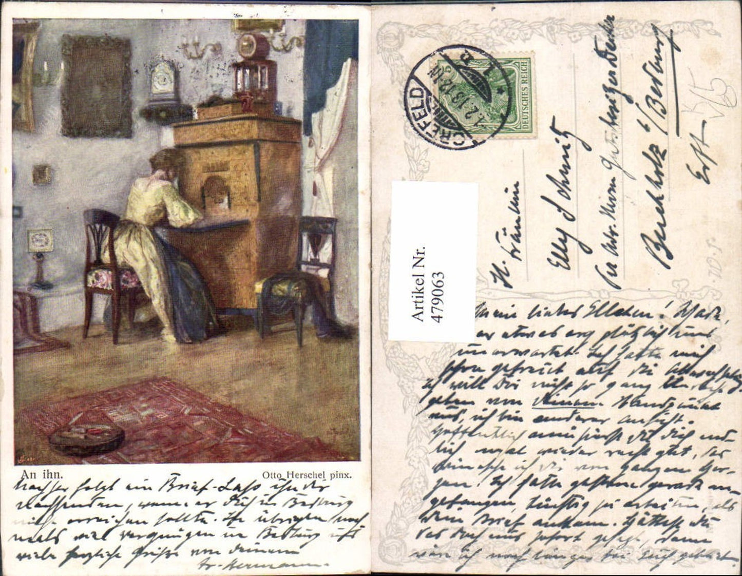 479063,Künstler Ak Otto Herschel An ihn Frau b. Schreiben Sekretär Interieur pub B.K.W.I. 1380