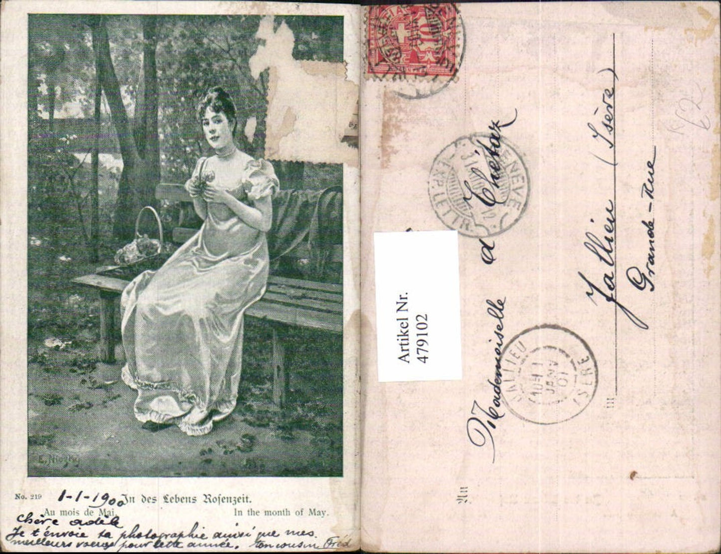 479102,Künstler Ak E. Niezky In des Lebens Rosenzeit Frau Korb Blumen a. Bank sitzend