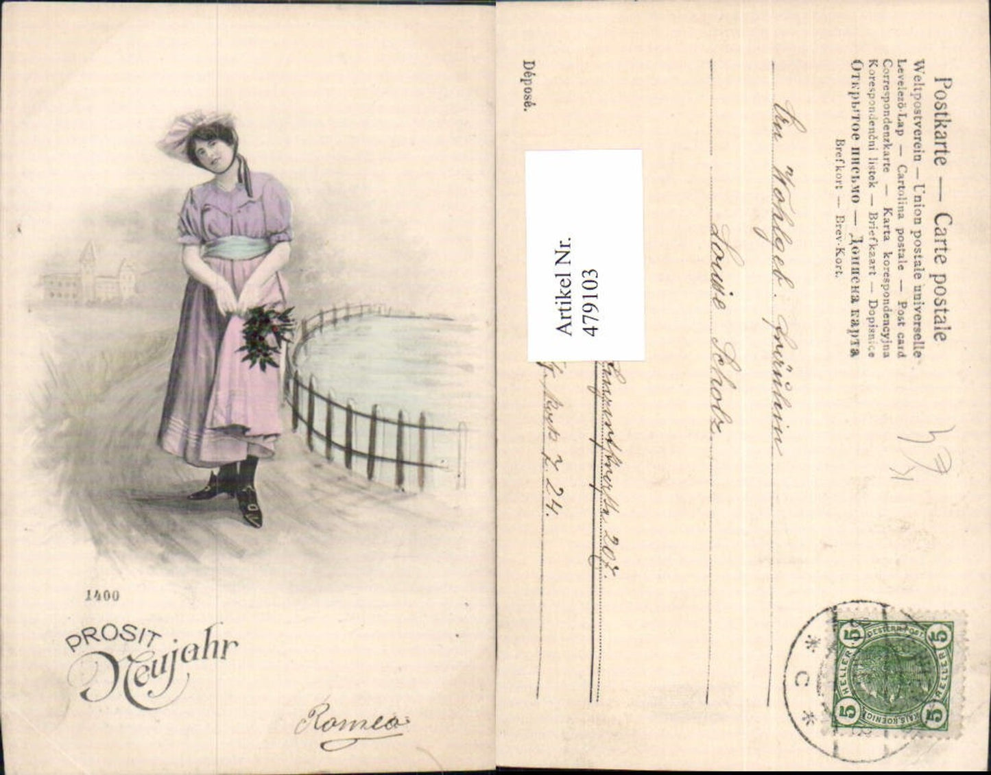 479103,Künstler Ak Frau Kleid Haube m. Blumenstrauß Neujahr