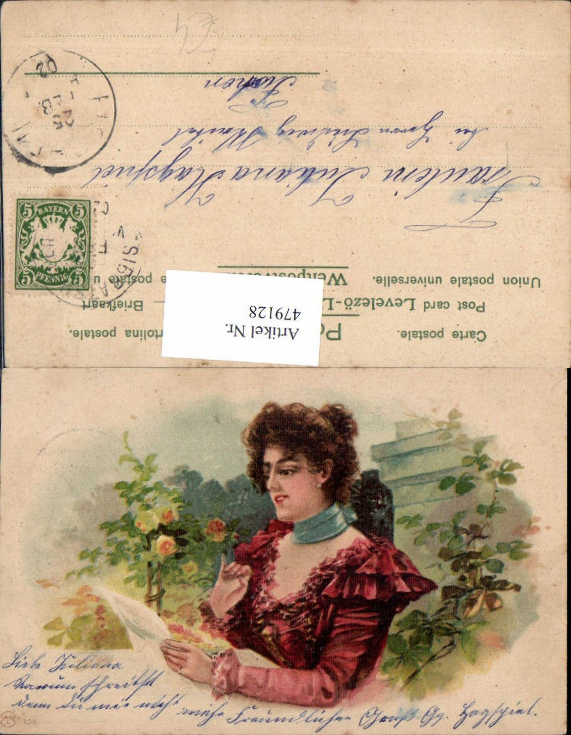 479128,Litho Frau Halsband Lesen Rosen Blumen