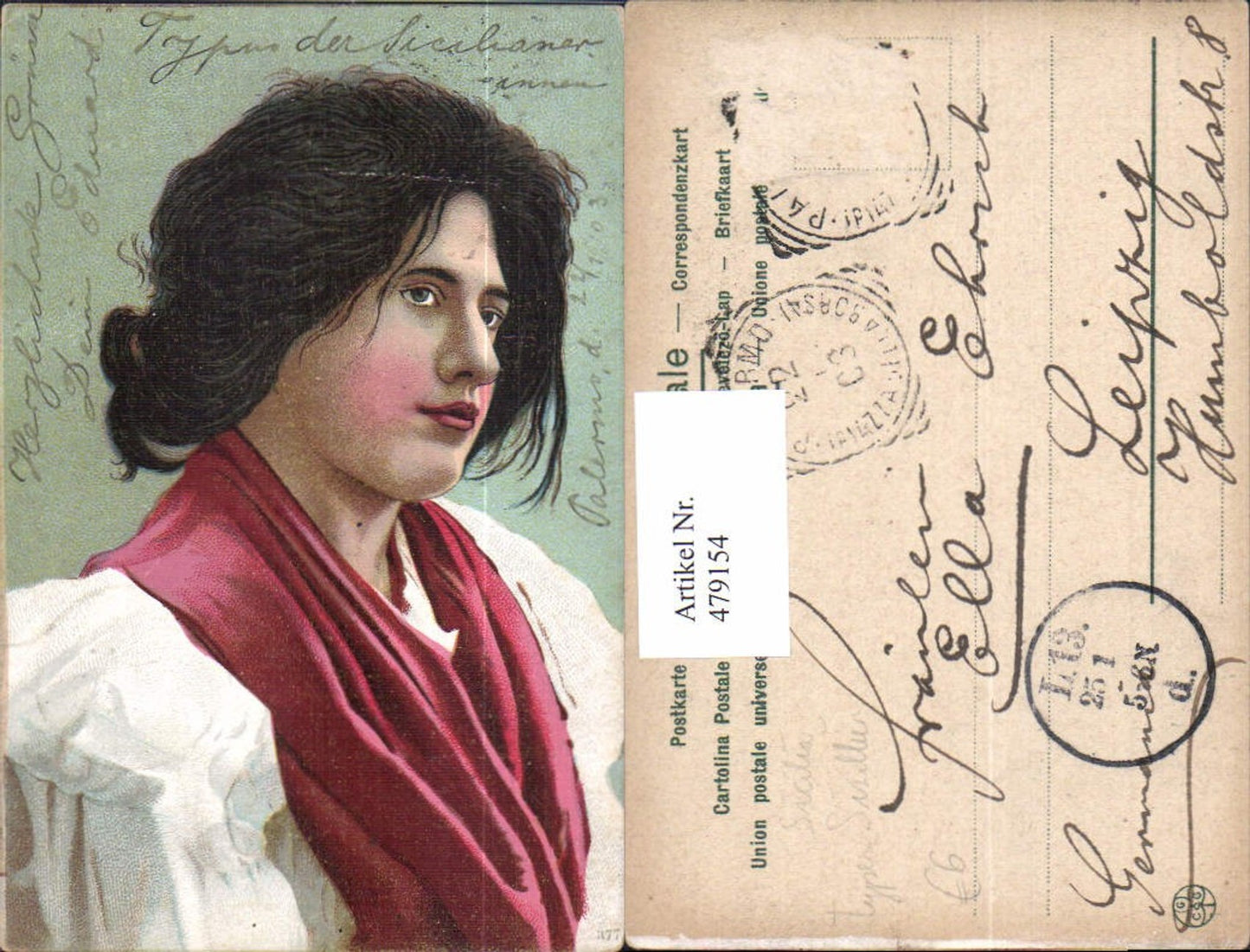 479154,Künstler Ak Frau Sicilia Typen Sizilien Volkstypen Portrait
