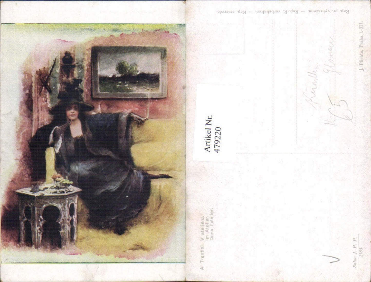 479220,Künstler Ak A. Trentini Im Atelier Künstlerin Frau mit Hut Rauchen Glamour
