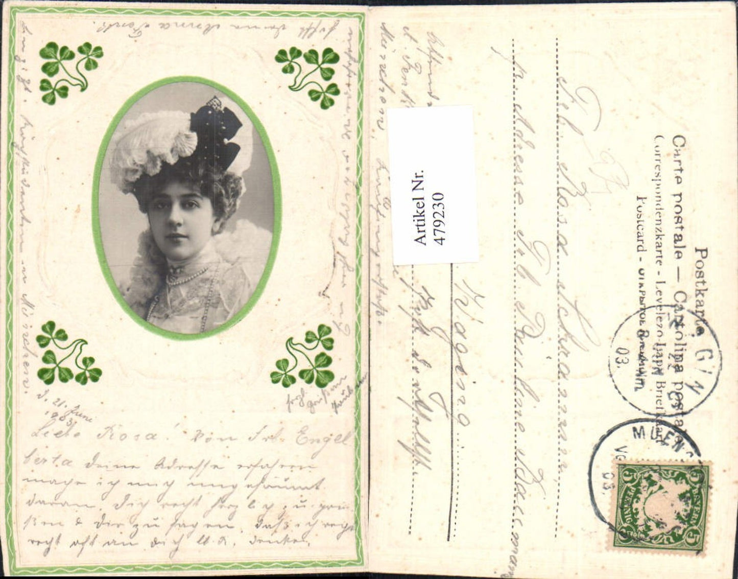 479230,Präge Litho Frau mit Hut Federhut Perlenkette Portrait Passepartout
