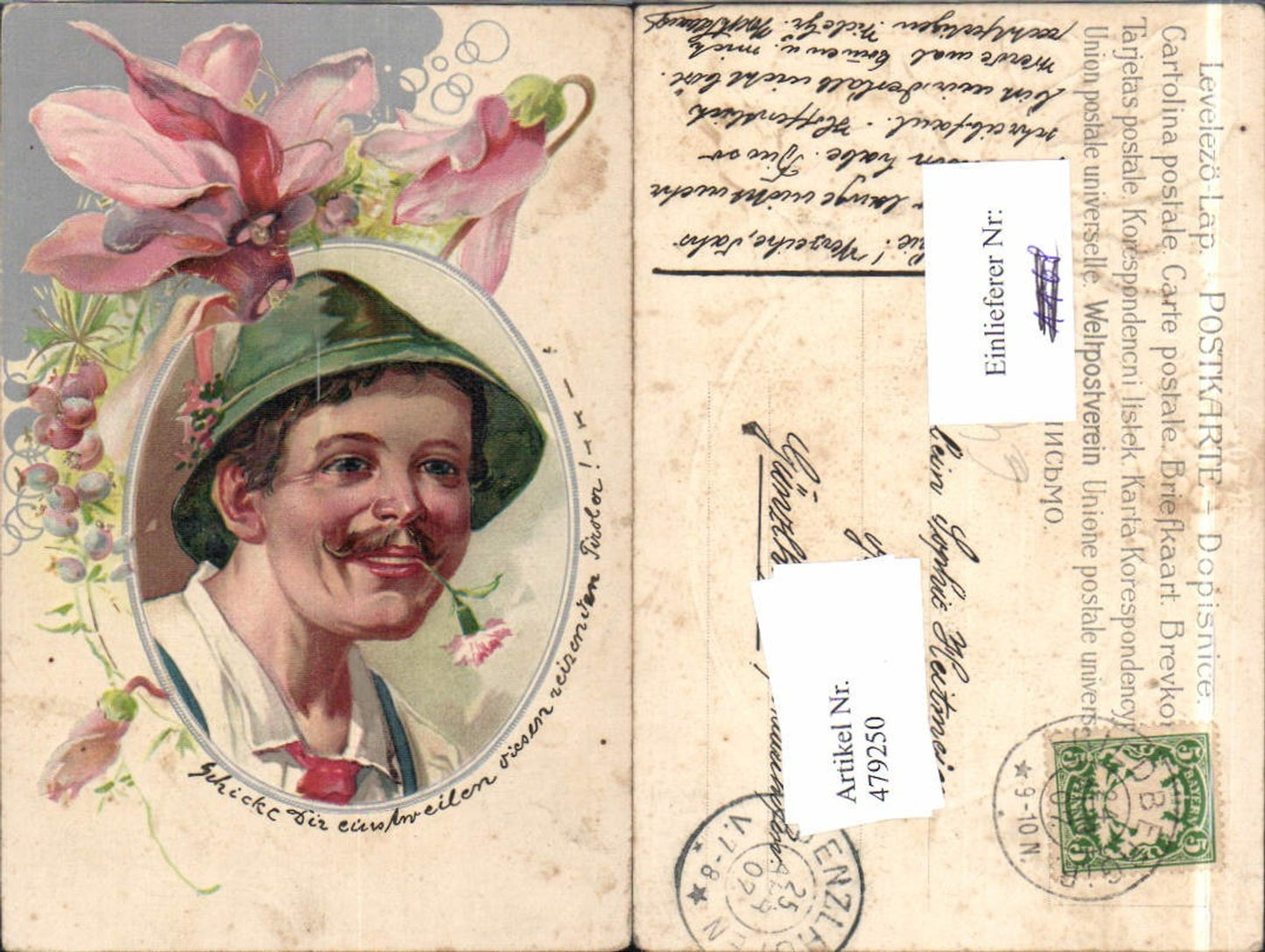 479250,Präge Künstler Ak Mann Hut Tracht Portrait Blumen Passepartout