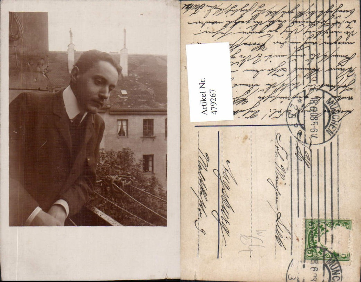 479267,Foto Ak Mann Anzug auf Balkon stehend München
