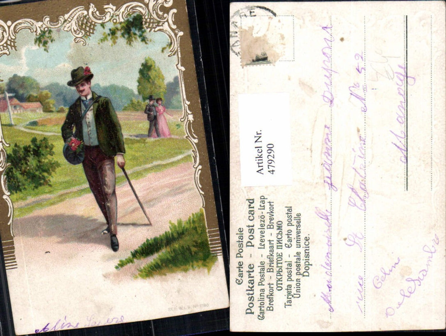 479290,Präge Litho Mann Anzug Wanderstock Hut Passepartout