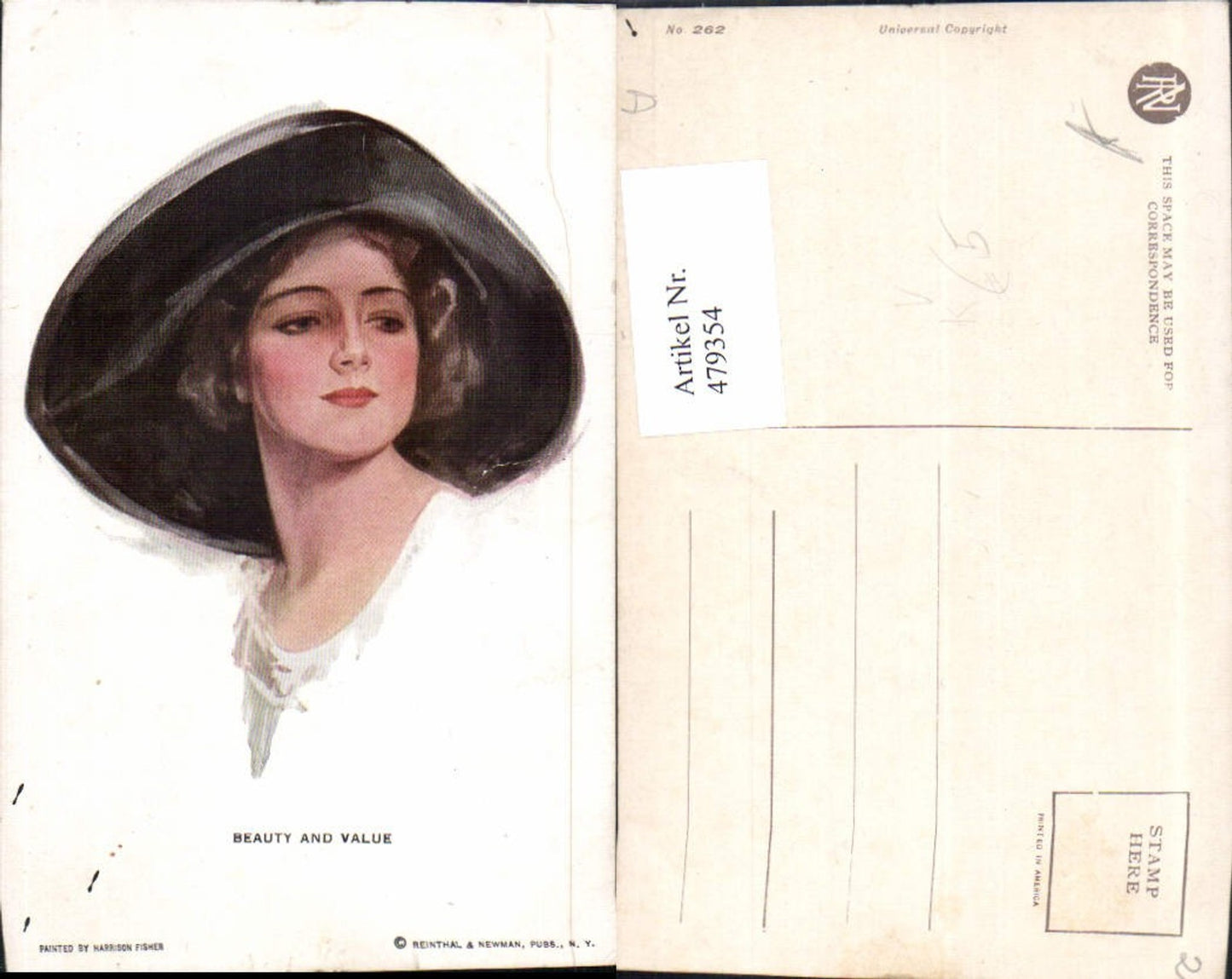479354,Künstler Ak Harrison Fisher Beauty and Value Frau mit Hut pub Reinthal & Newman 262