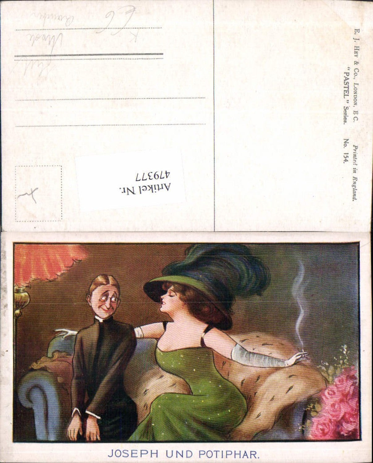 479377,Künstler Ak Frau mit Hut Joseph u. Potiphar Rauchen Erotik Mode