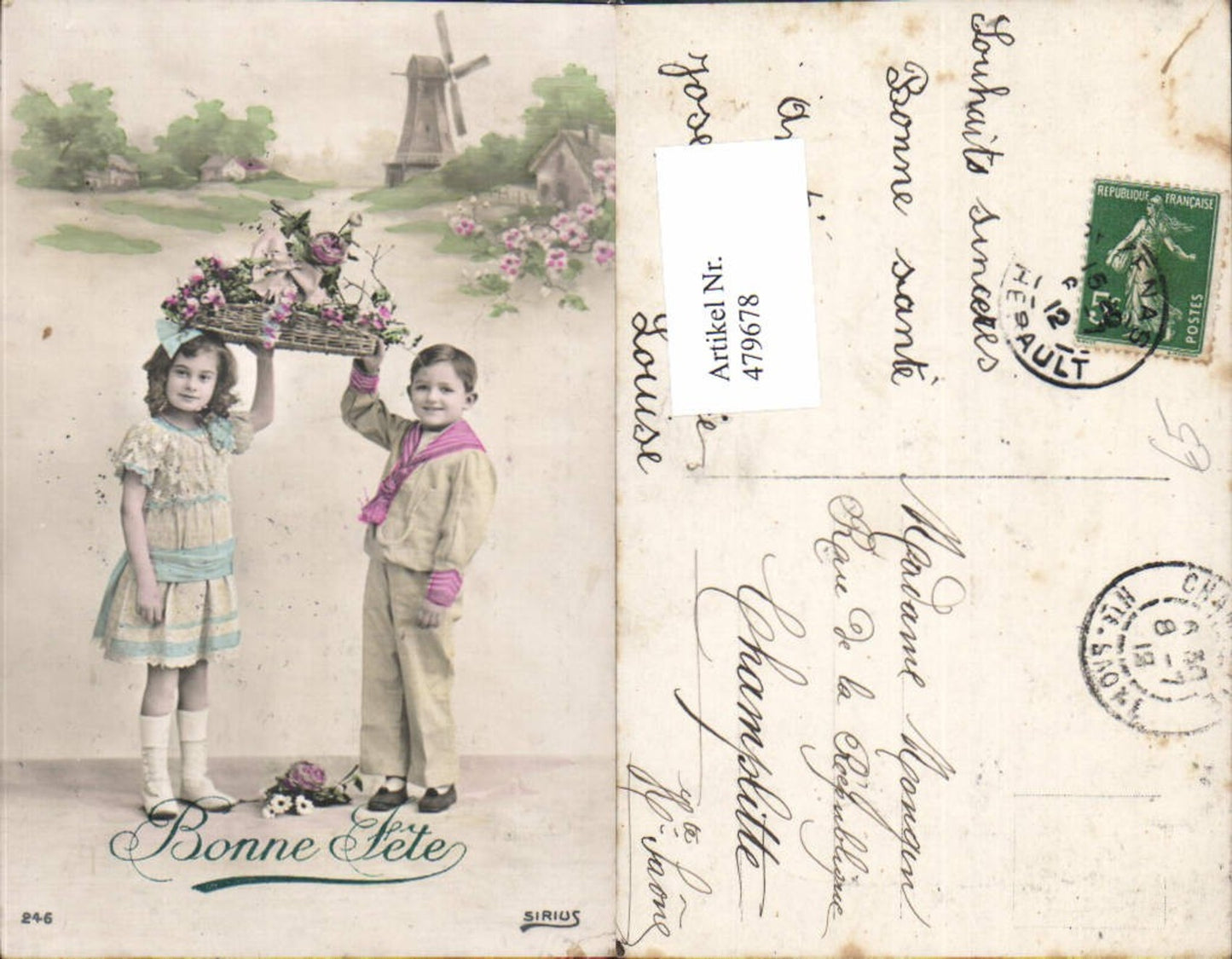 479678,Kinder Uniform Kleid Matrosenanzug Korb Rosen Blumen Windmühle